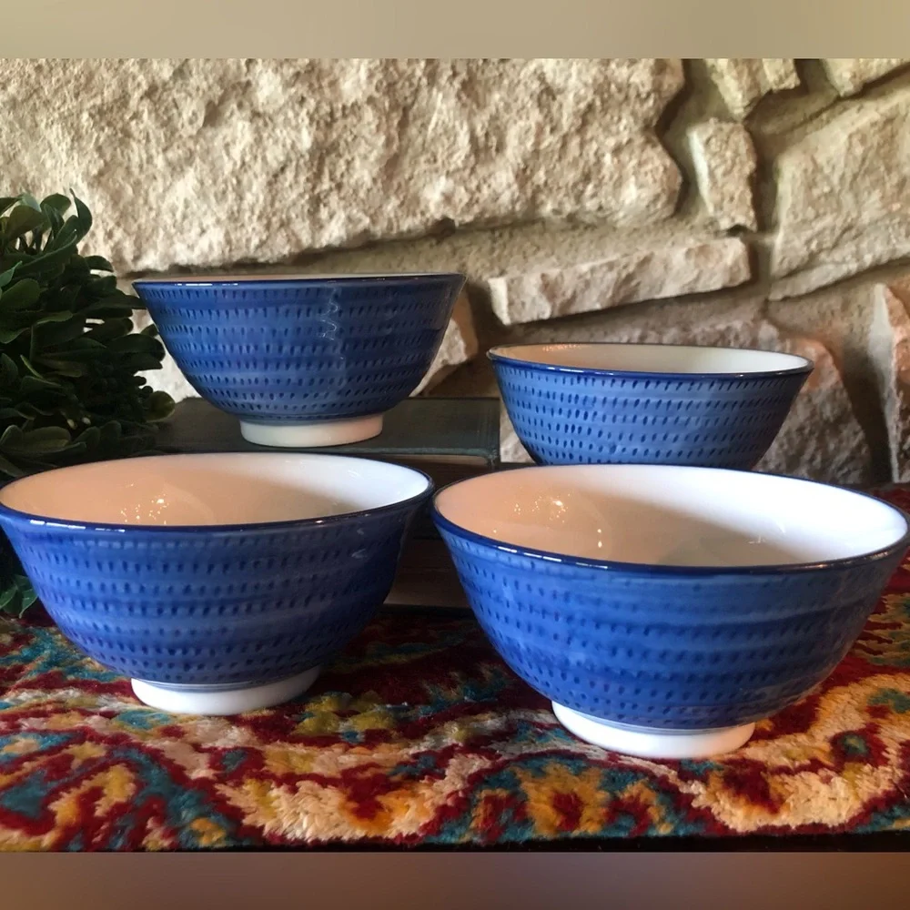 Set of 4 Pier 1 Blue White Ribbed 5-1/4